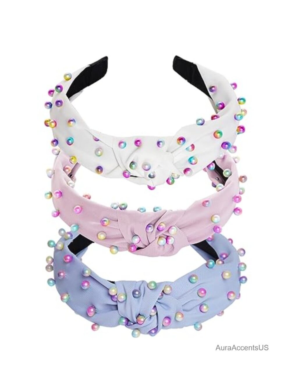 3 Pc Faux Pearl Knotted Headbands Jeweled Embellished Fabric Hair Accessories